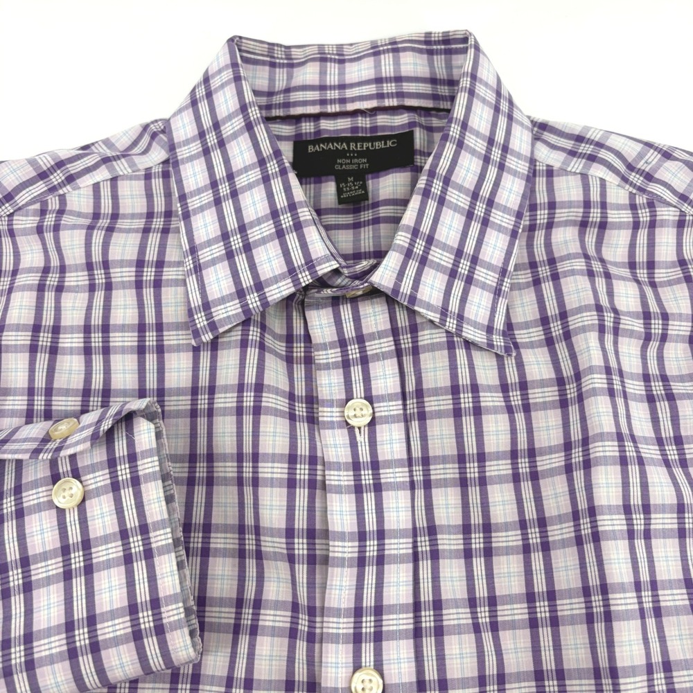 Banana Republic Mens Purple White Plaid Short Sleeve Button Down Shirt Size‎ XL